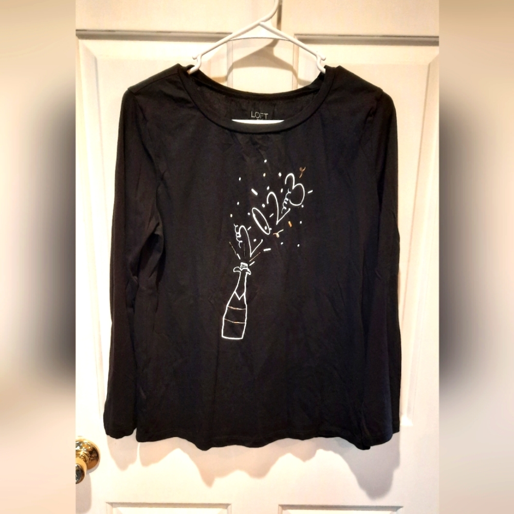 Loft Shirt Womans Large Black Long Sleeve Cotton 2023 Holiday Party